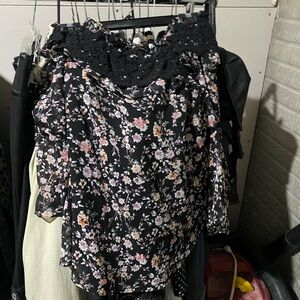 White House Black Market Black Floral Off-Shoulder Lace-Trim Blouse